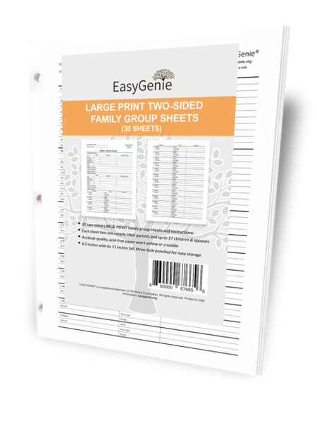 EASYGENIE Family Group Sheets for Genealogists (30 Large Print Sheets)