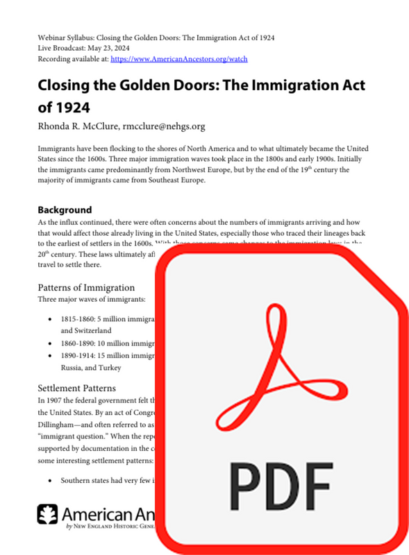 Webinar Syllabus: Closing the Golden Doors: The Immigration Act of 1924