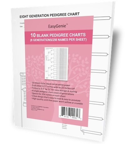 EasyGenie 10 Blank Pedigree Charts (8 generations/256 names per sheet)