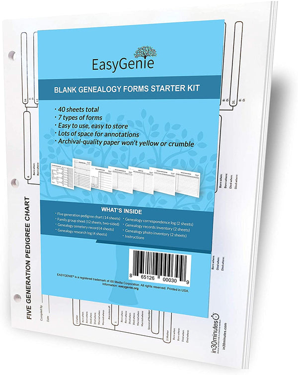 EasyGenie Blank Genealogy Forms Starter Kit (7 types/40 sheets)