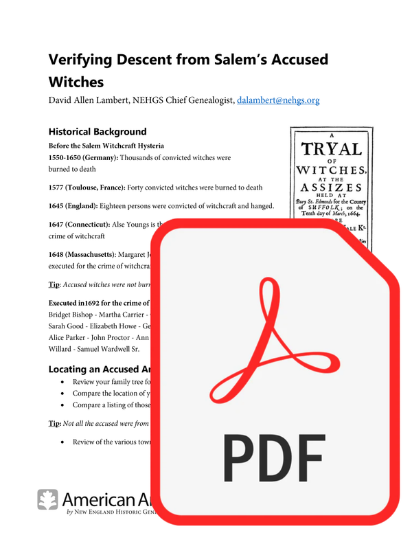 Webinar Syllabus: Verifying Descent from Salem’s Accused Witches