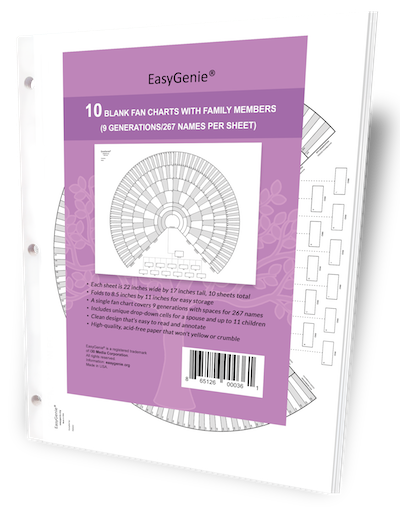 EasyGenie Blank Fan Charts with Family Members (9 generations/267 names per sheet), 10 sheets per package