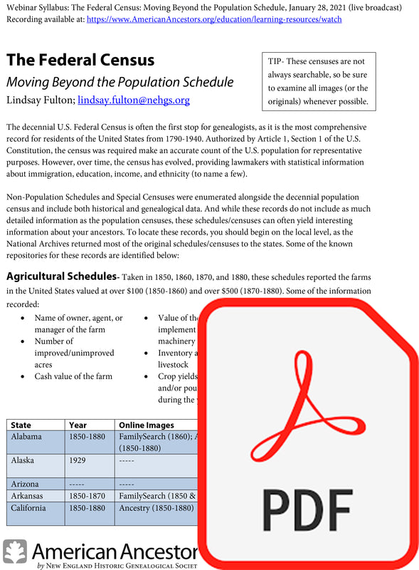 Webinar Syllabus: The Federal Census: Moving Beyond the Population Schedule